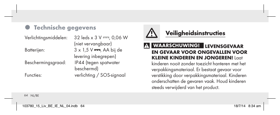 Technische gegevens, Veiligheidsinstructies | Livarno 103780-14-01 User Manual | Page 64 / 86