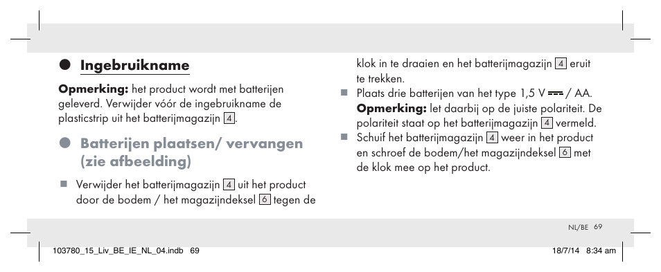 Ingebruikname, Batterijen plaatsen/ vervangen (zie afbeelding) | Livarno 103780-14-01 User Manual | Page 69 / 86