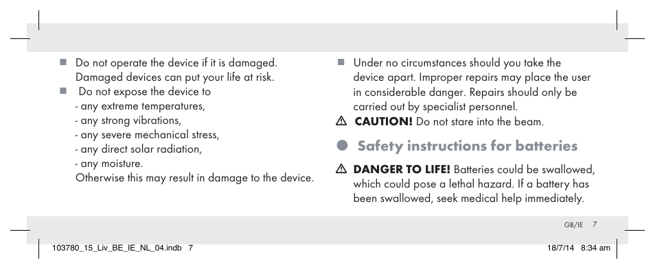 Safety instructions for batteries | Livarno 103780-14-01 User Manual | Page 7 / 86