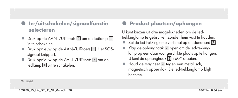 In-/uitschakelen/signaalfunctie selecteren, Product plaatsen/ophangen | Livarno 103780-14-01 User Manual | Page 70 / 86