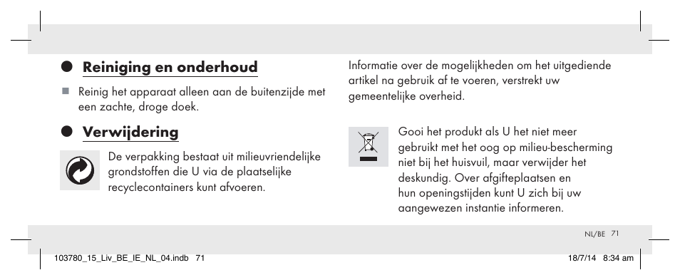 Reiniging en onderhoud, Verwijdering | Livarno 103780-14-01 User Manual | Page 71 / 86