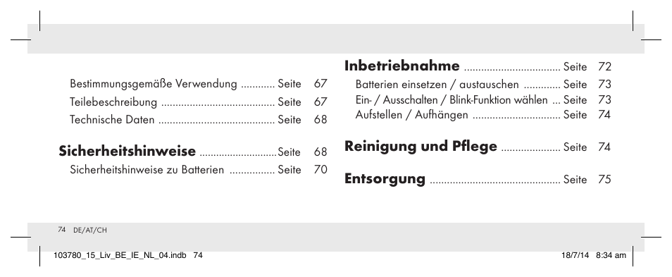 Sicherheitshinweise, Inbetriebnahme, Reinigung und pflege | Entsorgung | Livarno 103780-14-01 User Manual | Page 74 / 86