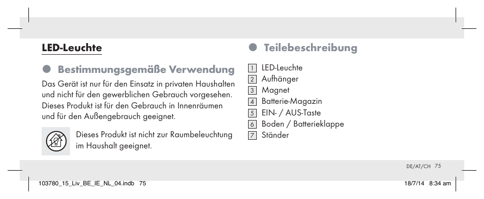 Teilebeschreibung, Led-leuchte  bestimmungsgemäße verwendung | Livarno 103780-14-01 User Manual | Page 75 / 86