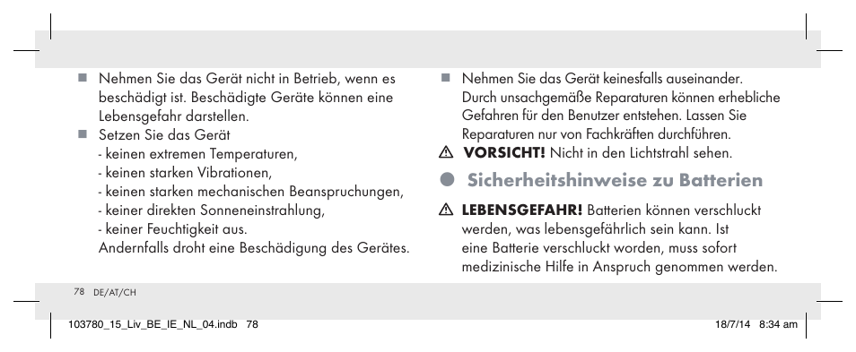 Sicherheitshinweise zu batterien | Livarno 103780-14-01 User Manual | Page 78 / 86