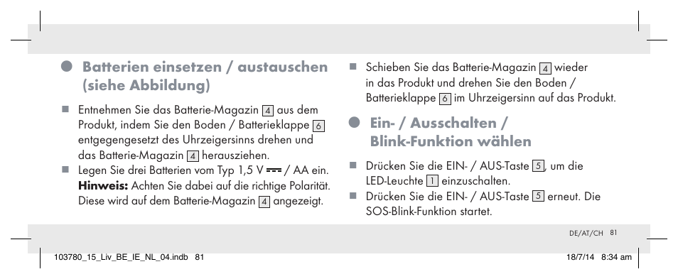 Ein- / ausschalten / blink-funktion wählen | Livarno 103780-14-01 User Manual | Page 81 / 86