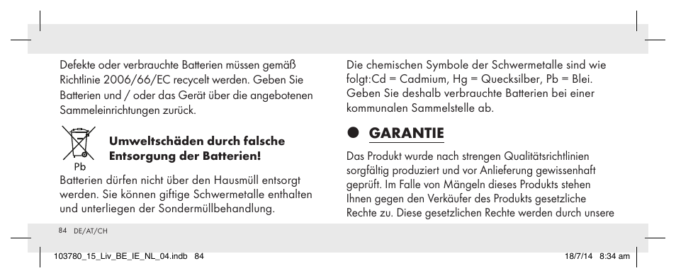 Garantie | Livarno 103780-14-01 User Manual | Page 84 / 86