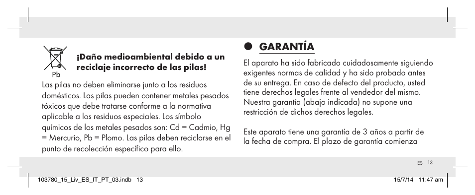Garantía | Livarno 103780-14-01 User Manual | Page 13 / 63
