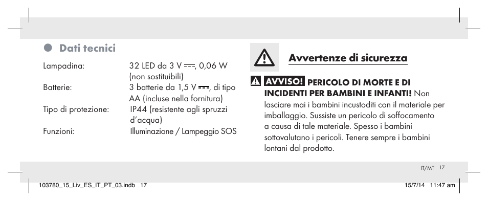 Dati tecnici, Avvertenze di sicurezza | Livarno 103780-14-01 User Manual | Page 17 / 63
