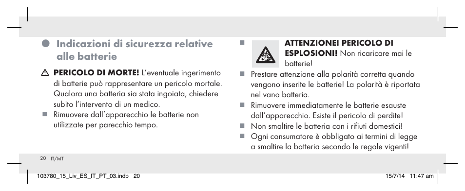Indicazioni di sicurezza relative alle batterie | Livarno 103780-14-01 User Manual | Page 20 / 63