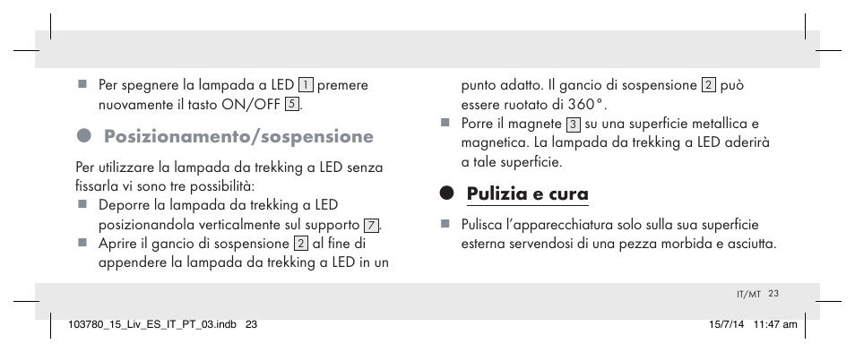 Posizionamento/sospensione, Pulizia e cura | Livarno 103780-14-01 User Manual | Page 23 / 63