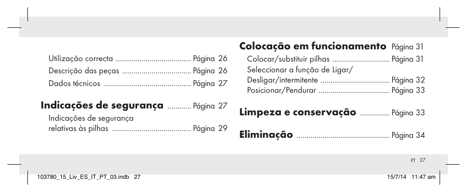 Indicações de segurança, Colocação em funcionamento, Limpeza e conservação | Eliminação | Livarno 103780-14-01 User Manual | Page 27 / 63