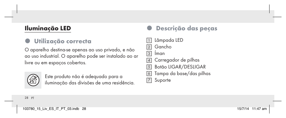 Descrição das peças, Iluminação led  utilização correcta | Livarno 103780-14-01 User Manual | Page 28 / 63