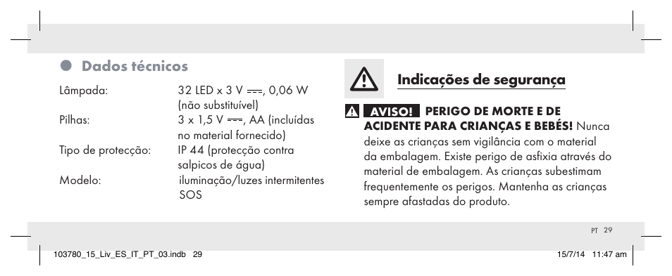 Dados técnicos, Indicações de segurança | Livarno 103780-14-01 User Manual | Page 29 / 63