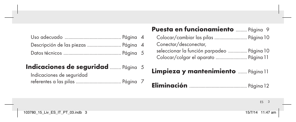 Indicaciones de seguridad, Puesta en funcionamiento, Limpieza y mantenimiento | Eliminación | Livarno 103780-14-01 User Manual | Page 3 / 63