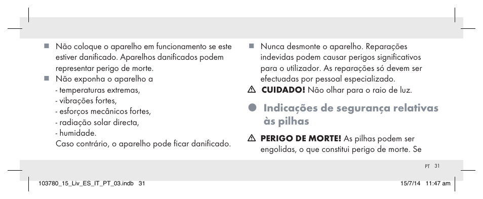 Indicações de segurança relativas às pilhas | Livarno 103780-14-01 User Manual | Page 31 / 63