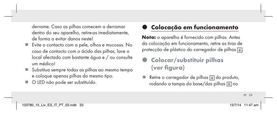 Colocação em funcionamento, Colocar/substituir pilhas (ver figura) | Livarno 103780-14-01 User Manual | Page 33 / 63