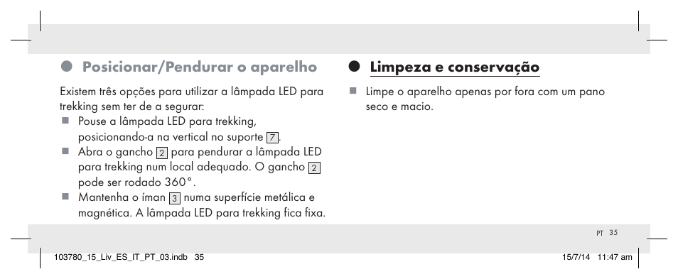 Posicionar/pendurar o aparelho, Limpeza e conservação | Livarno 103780-14-01 User Manual | Page 35 / 63
