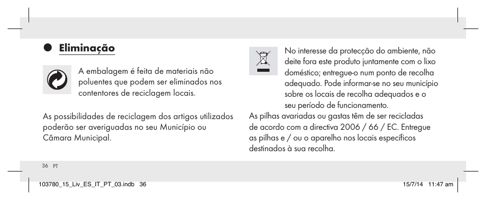 Eliminação | Livarno 103780-14-01 User Manual | Page 36 / 63