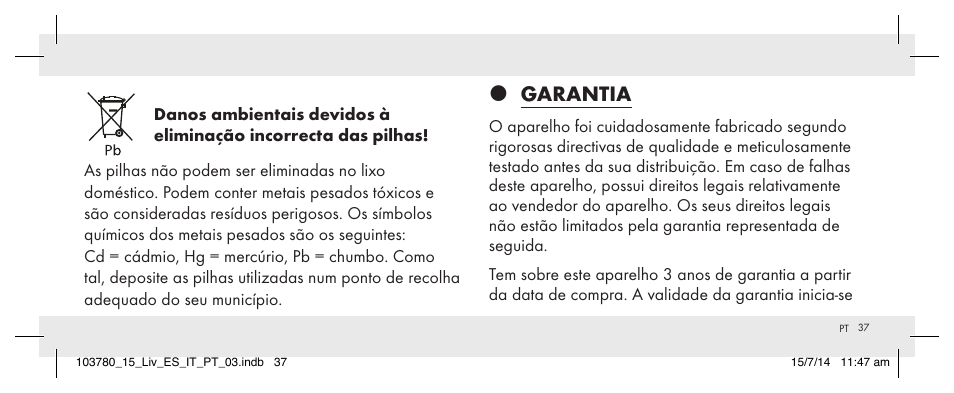 Garantia | Livarno 103780-14-01 User Manual | Page 37 / 63