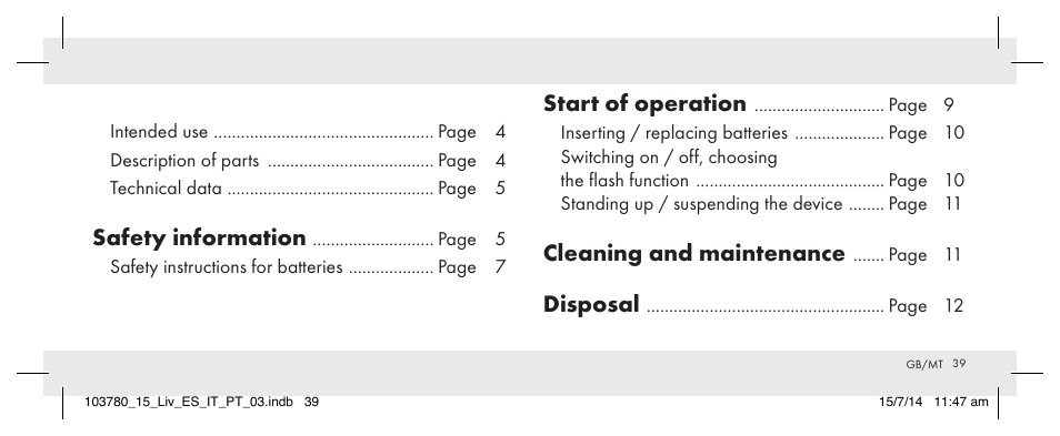 Safety information, Start of operation, Cleaning and maintenance | Disposal | Livarno 103780-14-01 User Manual | Page 39 / 63