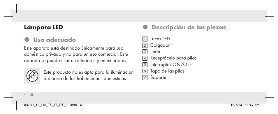 Descripción de las piezas, Lámpara led  uso adecuado | Livarno 103780-14-01 User Manual | Page 4 / 63