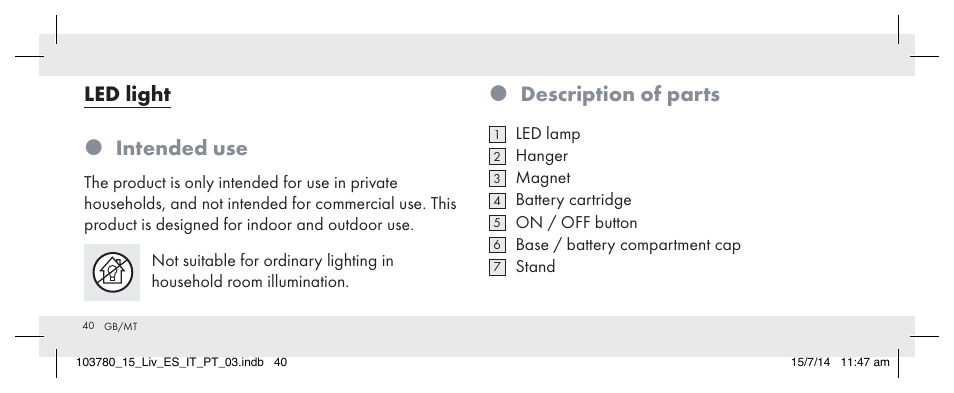Description of parts, Led light  intended use | Livarno 103780-14-01 User Manual | Page 40 / 63