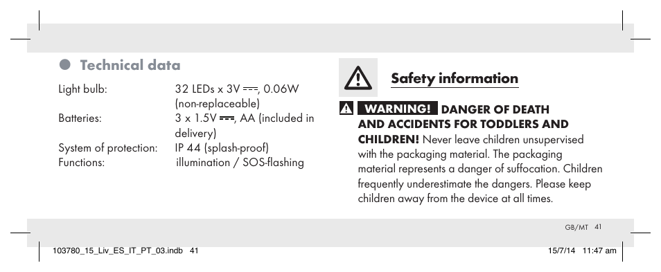 Technical data, Safety information | Livarno 103780-14-01 User Manual | Page 41 / 63