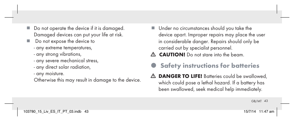 Safety instructions for batteries | Livarno 103780-14-01 User Manual | Page 43 / 63