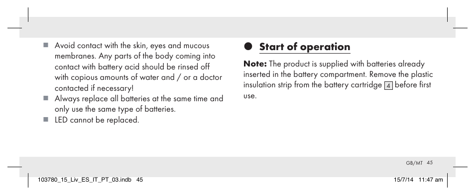 Start of operation | Livarno 103780-14-01 User Manual | Page 45 / 63