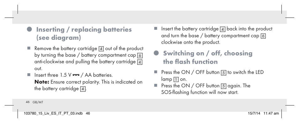 Inserting / replacing batteries (see diagram), Switching on / off, choosing the flash function | Livarno 103780-14-01 User Manual | Page 46 / 63