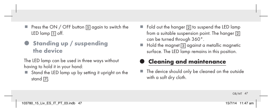 Standing up / suspending the device, Cleaning and maintenance | Livarno 103780-14-01 User Manual | Page 47 / 63