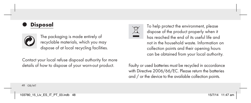 Disposal | Livarno 103780-14-01 User Manual | Page 48 / 63