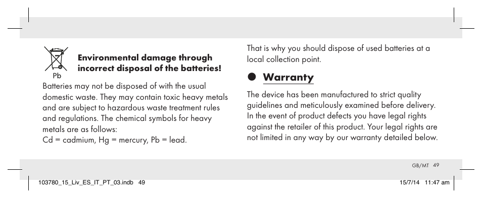 Warranty | Livarno 103780-14-01 User Manual | Page 49 / 63