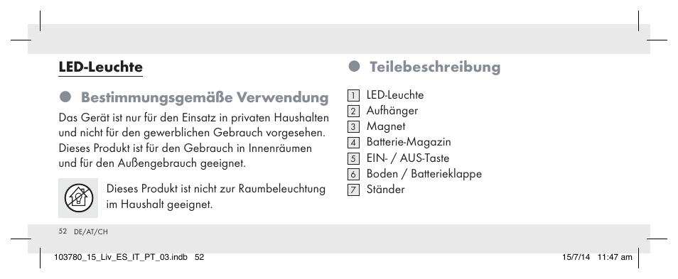 Teilebeschreibung, Led-leuchte  bestimmungsgemäße verwendung | Livarno 103780-14-01 User Manual | Page 52 / 63