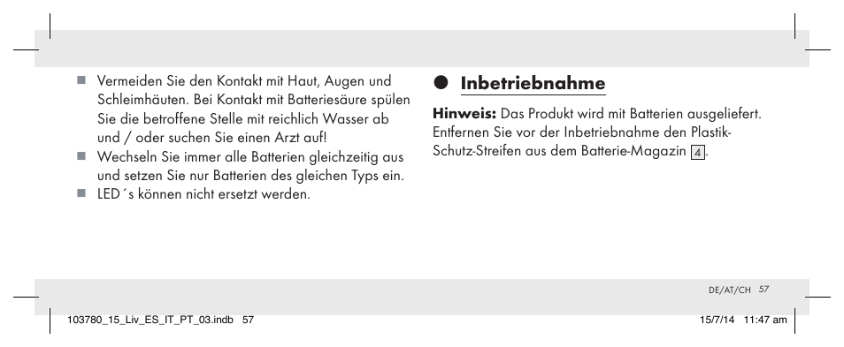 Inbetriebnahme | Livarno 103780-14-01 User Manual | Page 57 / 63