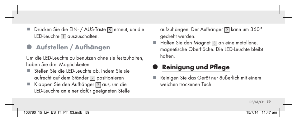Aufstellen / aufhängen, Reinigung und pflege | Livarno 103780-14-01 User Manual | Page 59 / 63