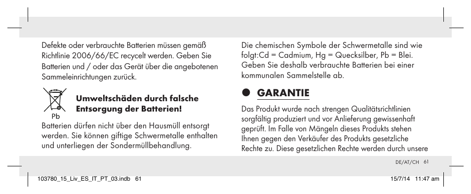 Garantie | Livarno 103780-14-01 User Manual | Page 61 / 63