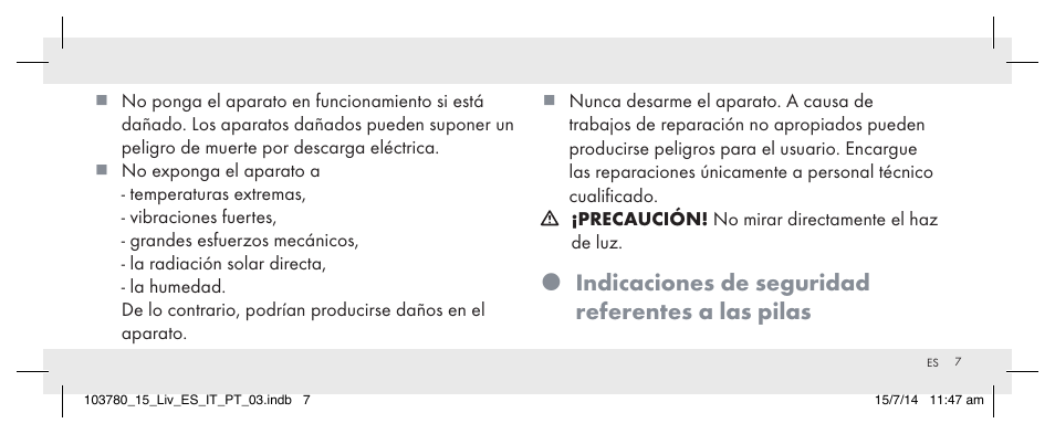 Indicaciones de seguridad referentes a las pilas | Livarno 103780-14-01 User Manual | Page 7 / 63