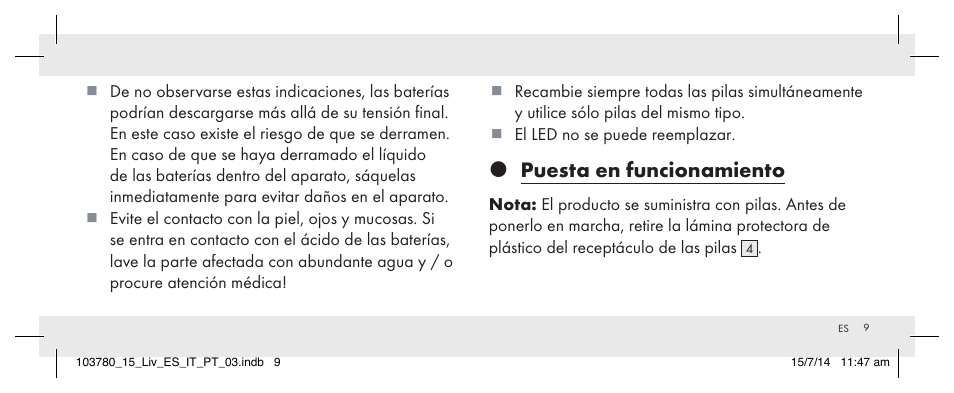 Puesta en funcionamiento | Livarno 103780-14-01 User Manual | Page 9 / 63