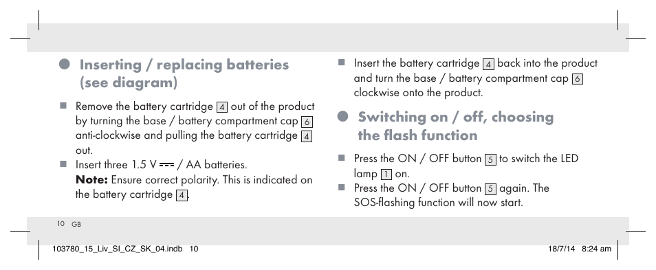 Inserting / replacing batteries (see diagram), Switching on / off, choosing the flash function | Livarno 103780-14-01 User Manual | Page 10 / 88