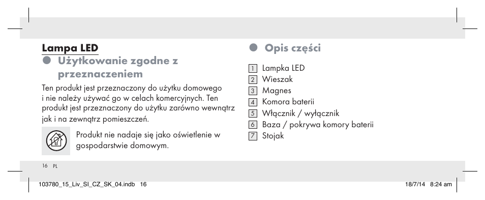 Opis części, Lampa led  użytkowanie zgodne z przeznaczeniem | Livarno 103780-14-01 User Manual | Page 16 / 88