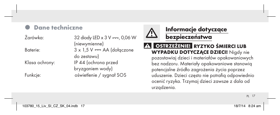 Dane techniczne, Informacje dotyczące bezpieczeństwa | Livarno 103780-14-01 User Manual | Page 17 / 88