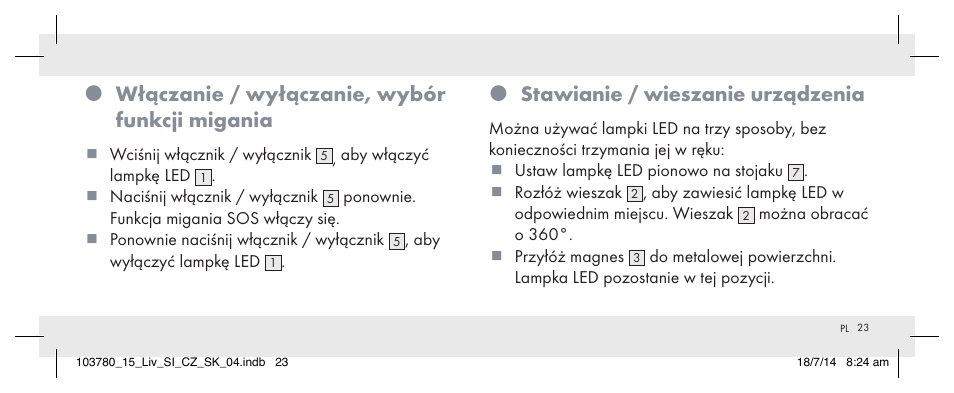 Włączanie / wyłączanie, wybór funkcji migania, Stawianie / wieszanie urządzenia | Livarno 103780-14-01 User Manual | Page 23 / 88