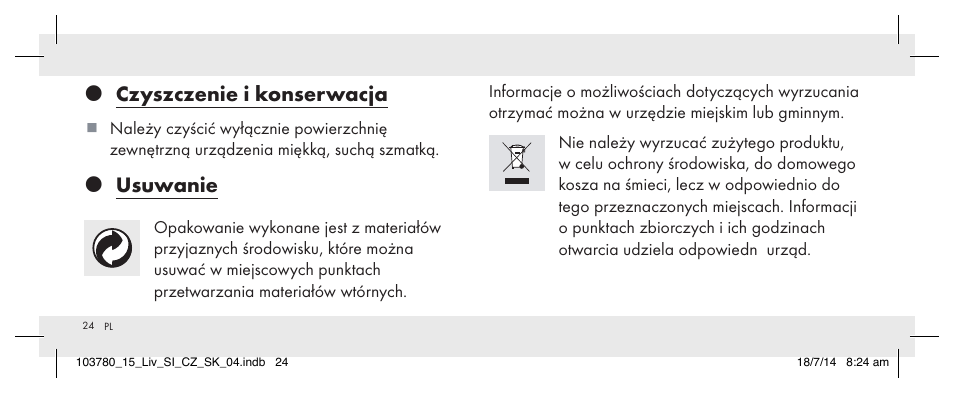 Czyszczenie i konserwacja, Usuwanie | Livarno 103780-14-01 User Manual | Page 24 / 88