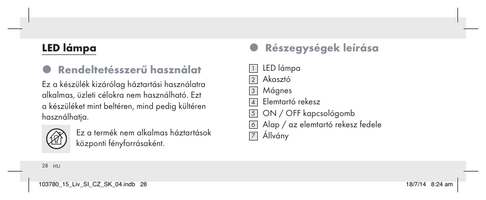 Részegységek leírása, Led lámpa  rendeltetésszerű használat | Livarno 103780-14-01 User Manual | Page 28 / 88