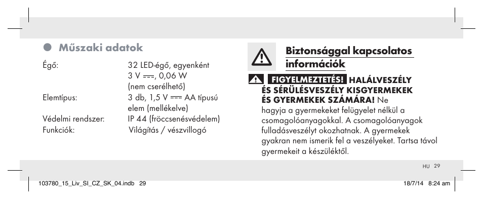 Műszaki adatok, Biztonsággal kapcsolatos információk | Livarno 103780-14-01 User Manual | Page 29 / 88