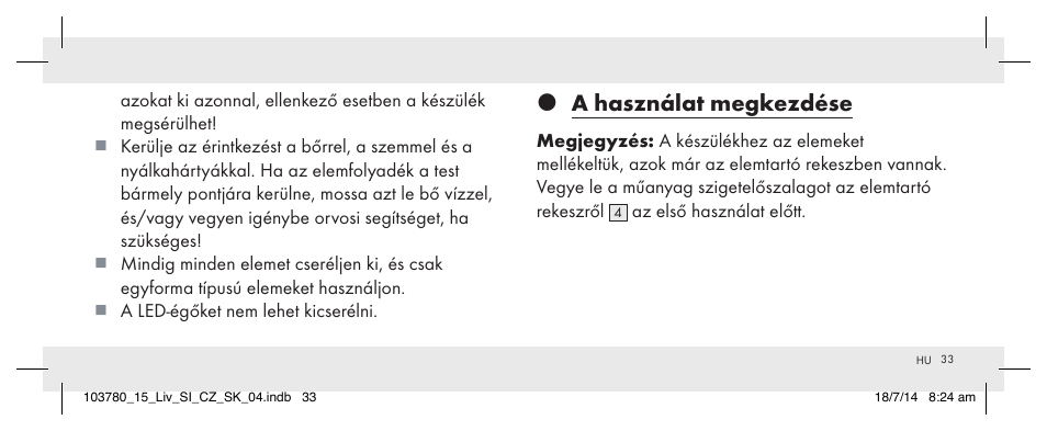 A használat megkezdése | Livarno 103780-14-01 User Manual | Page 33 / 88