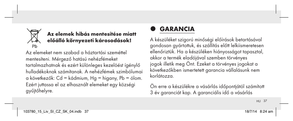 Garancia | Livarno 103780-14-01 User Manual | Page 37 / 88