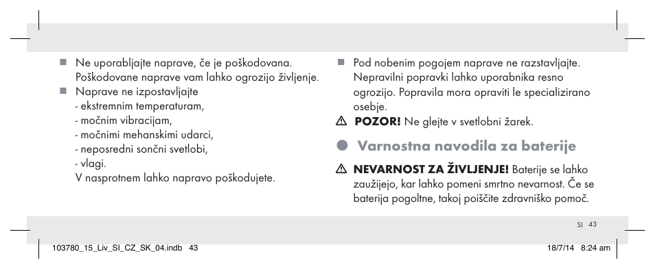 Varnostna navodila za baterije | Livarno 103780-14-01 User Manual | Page 43 / 88