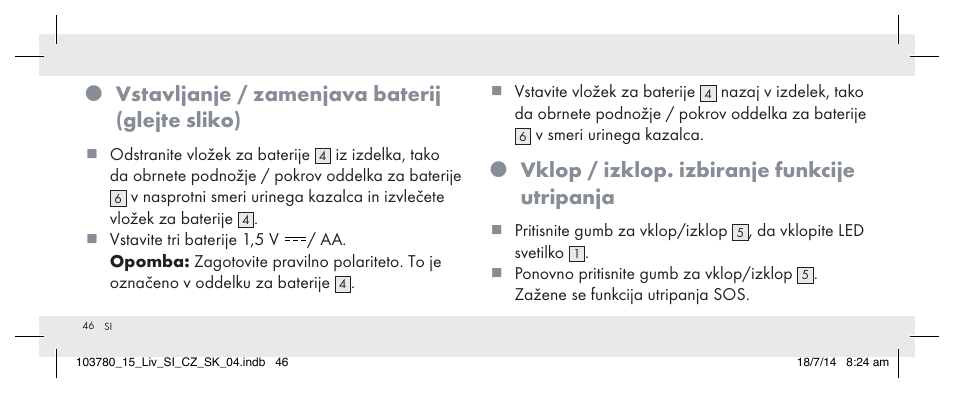 Vstavljanje / zamenjava baterij (glejte sliko), Vklop / izklop. izbiranje funkcije utripanja | Livarno 103780-14-01 User Manual | Page 46 / 88